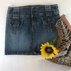 Mossissue Denim Mini Skirt Flap Pockets Wide Band